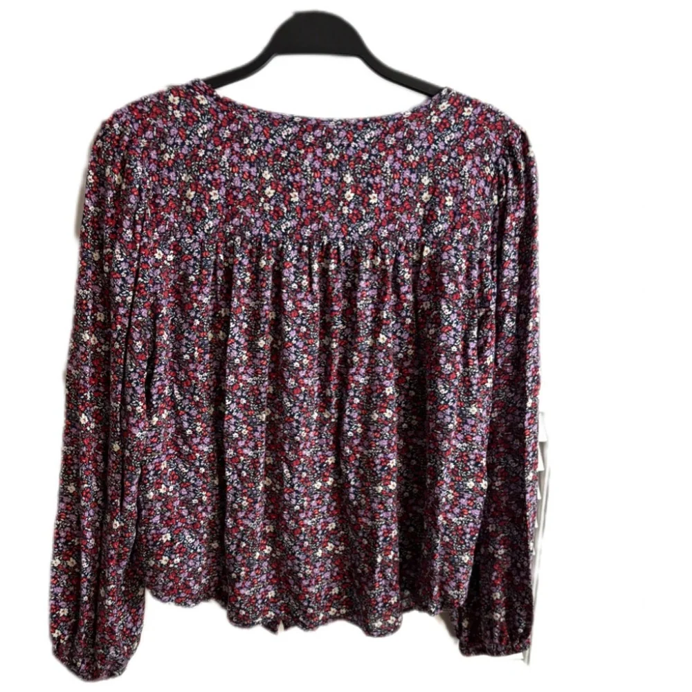 Lucky Brand Floral Pintuck Popover Blouse Pesant Top Button Down Front SZ M - Picture 6 of 10